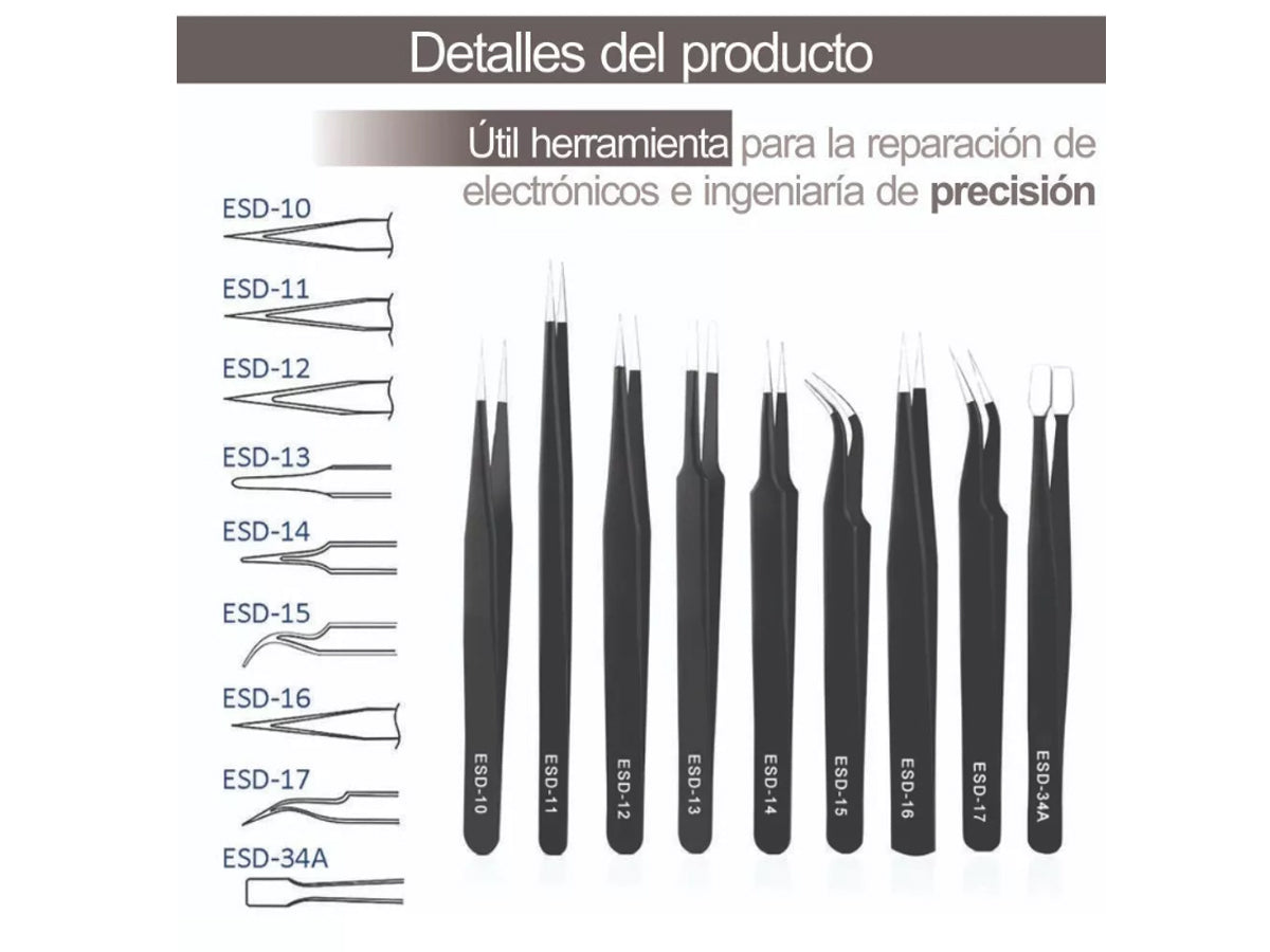 Set De 9 Pinzas Antiestática De Acero Inoxidable - conexion digital