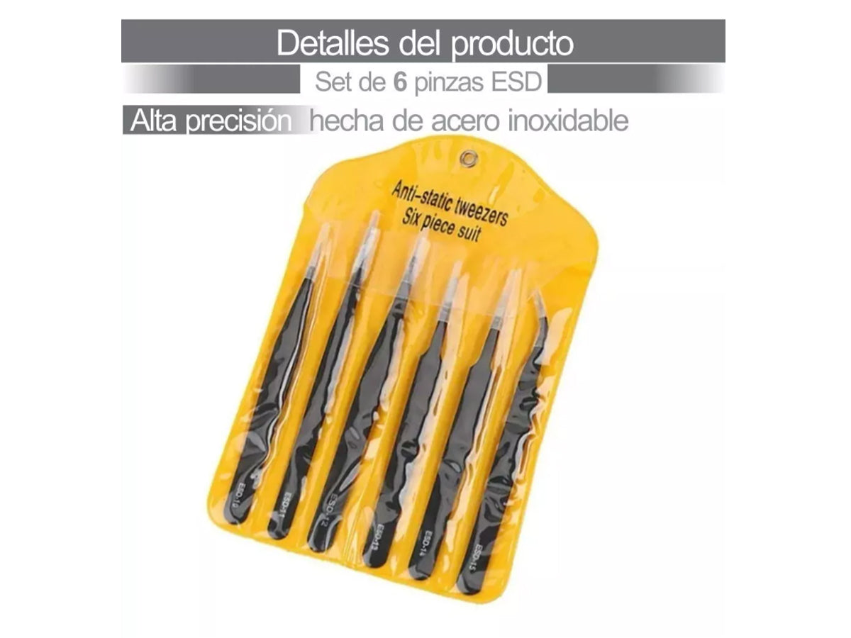 Set De 6 Pinzas Antiestática De Acero Inoxidable - conexion digital