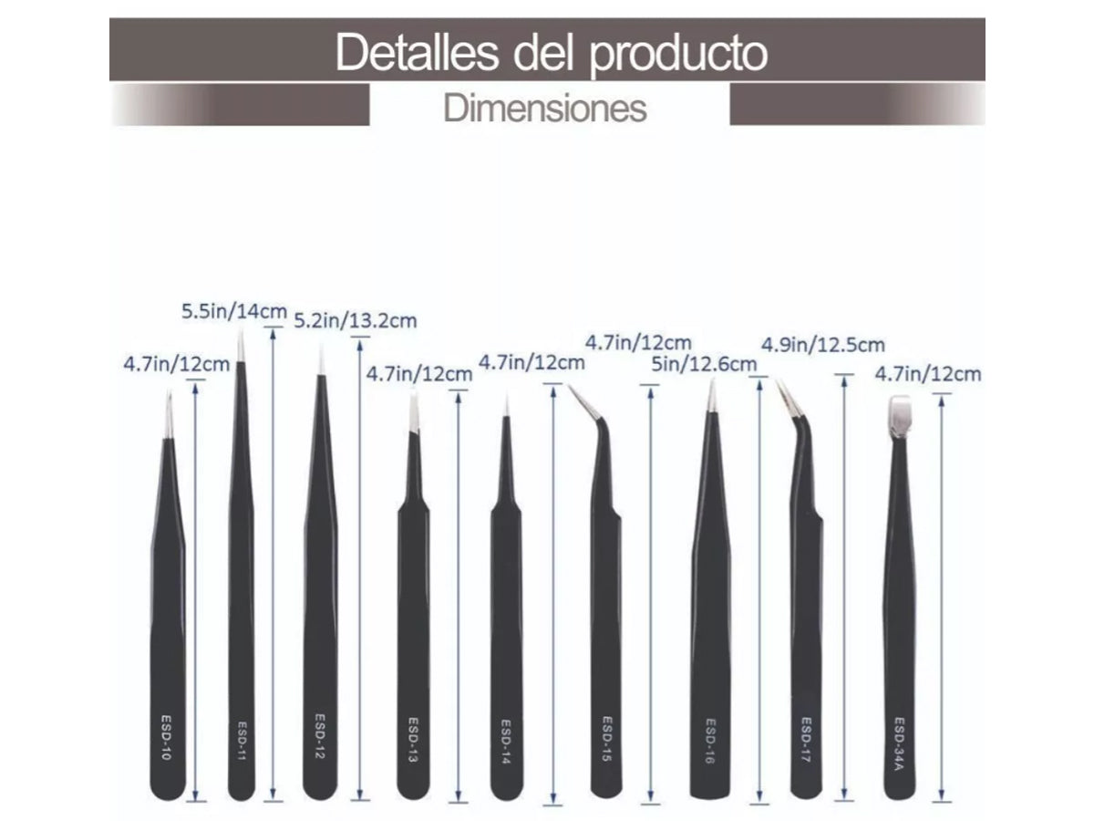 Set De 9 Pinzas Antiestática De Acero Inoxidable - conexion digital