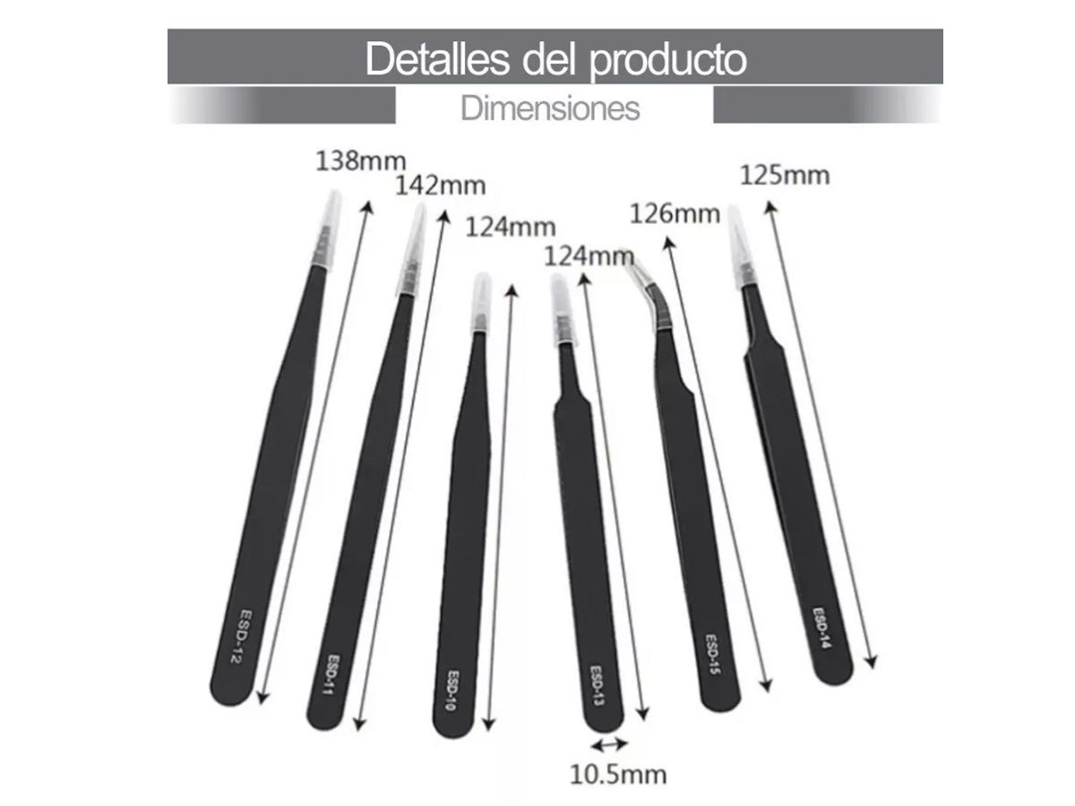 Set De 6 Pinzas Antiestática De Acero Inoxidable - conexion digital