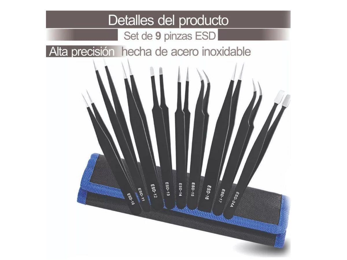 Set De 9 Pinzas Antiestática De Acero Inoxidable - conexion digital