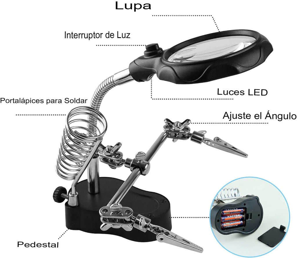 Lupa Led Porta Cautín Para Soldar Tercera Mano - conexion digital